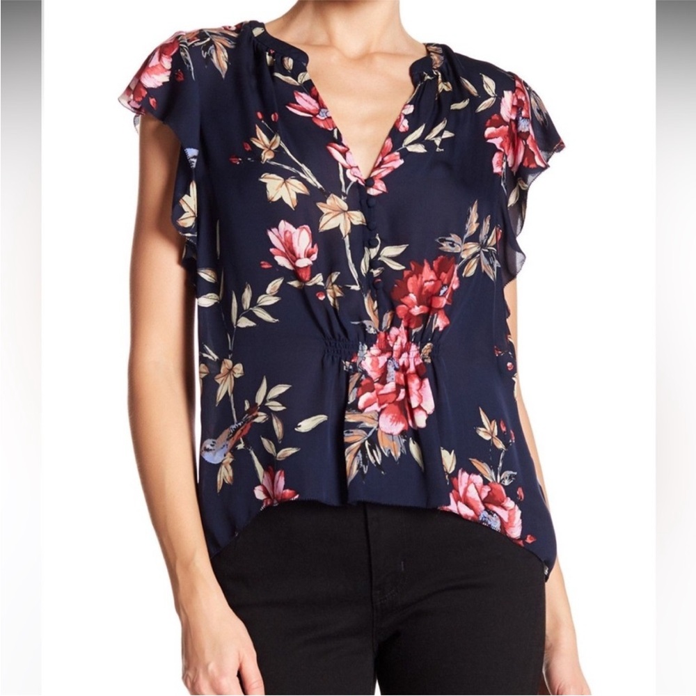 Joie Crisbell V-neck 100% Silk Floral Ruffle Sleeve Blouse